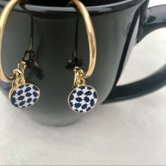 Japanese Hoop Earrings Dangle Gold with Blue and White Round Emblems - Picture 3 of 7